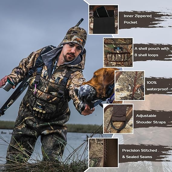 Trudave IronWade Series waterproof hunting and fishing chest waders in camouflage reed pattern, featuring 100% waterproof construction, adjustable shoulder straps, and durable stitched seams for outdoor duck hunting
